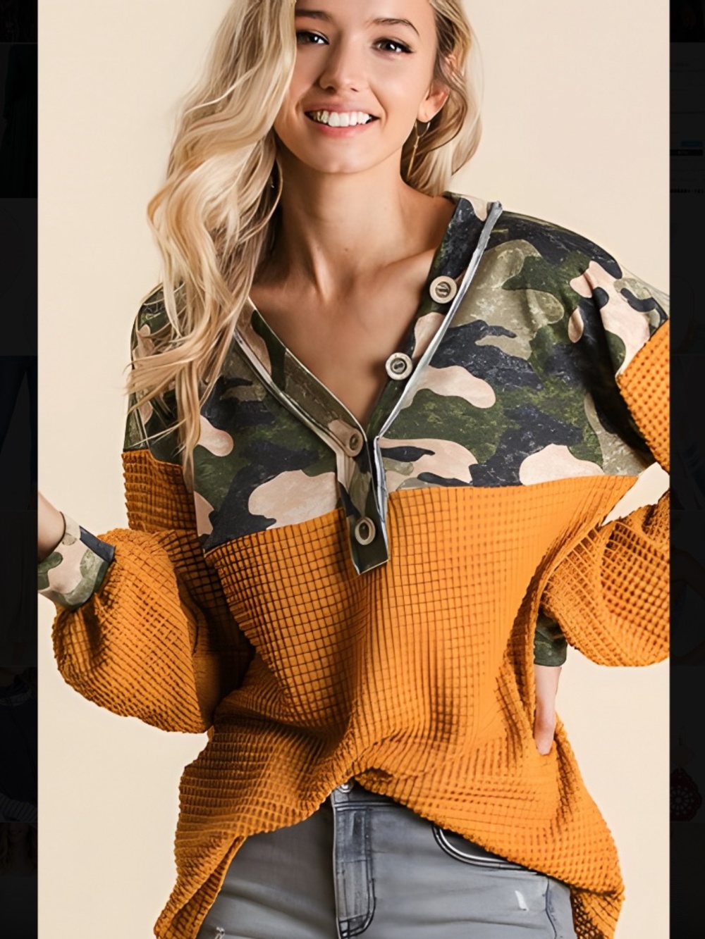 BiBi Camouflage Yoke Button Placket Popcorn Waffle V-neck Long Sleeve Top